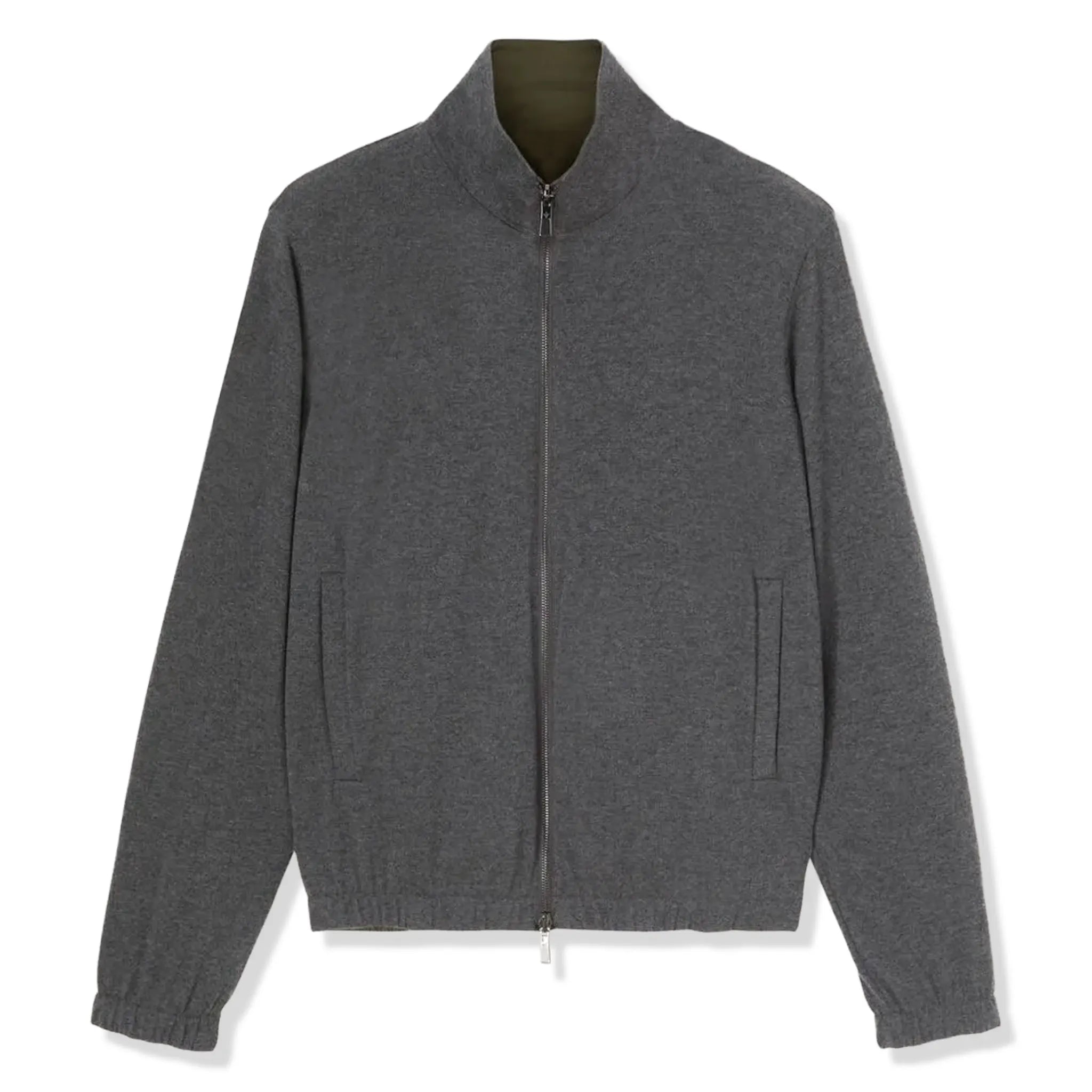 Front View of Loro Piana Windmate Storm System Dark Green Flannel Melange Bomber Jacket FAP9753_B5HA